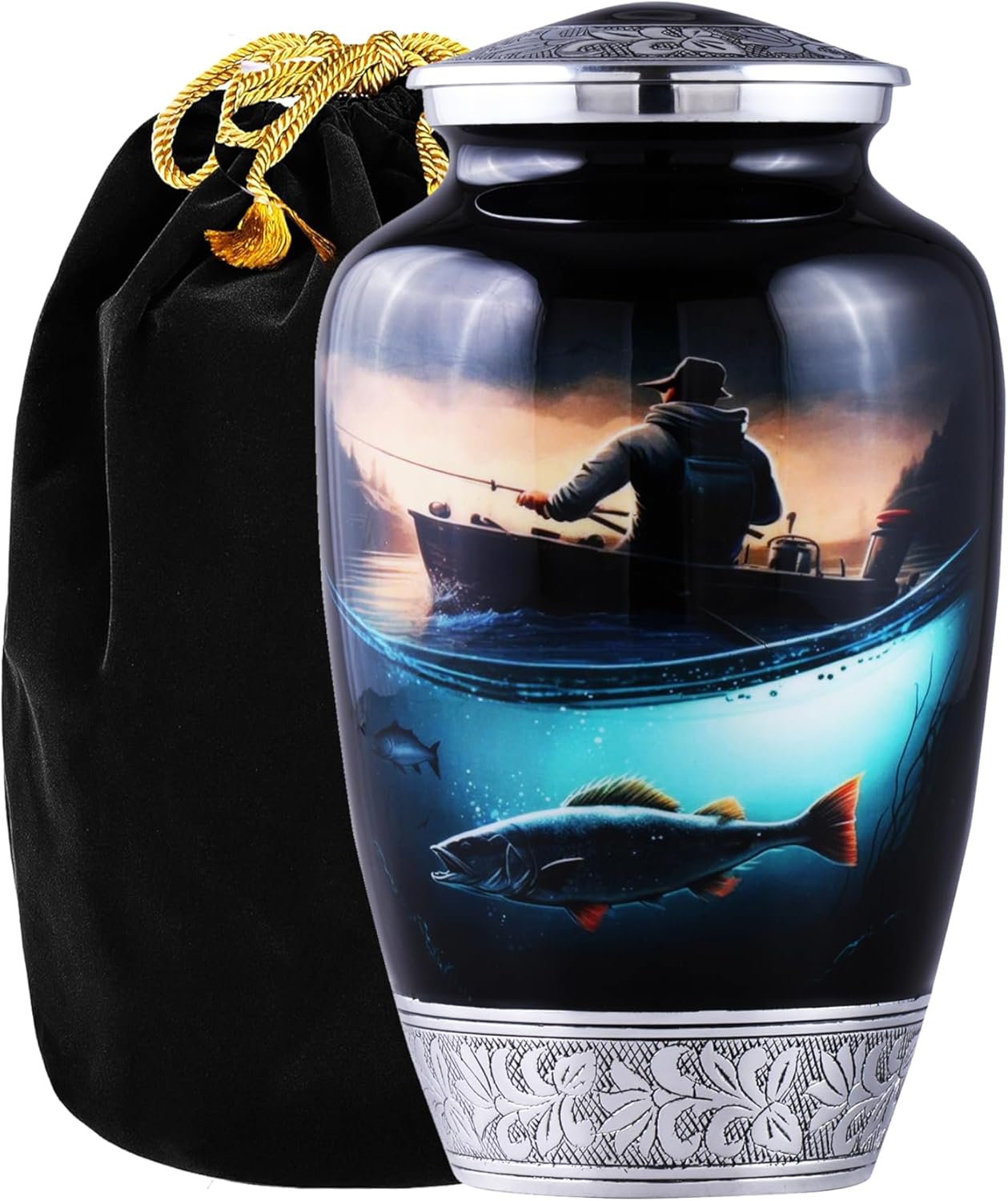Fishing Keepsake Urn for Human Ashes – Handmade Cremation Urn for Men & Women, Small Funeral Urn for Ashes with Velvet Bag, Memorial Keepsake for Loved One (Fishing, Keepsake 1)