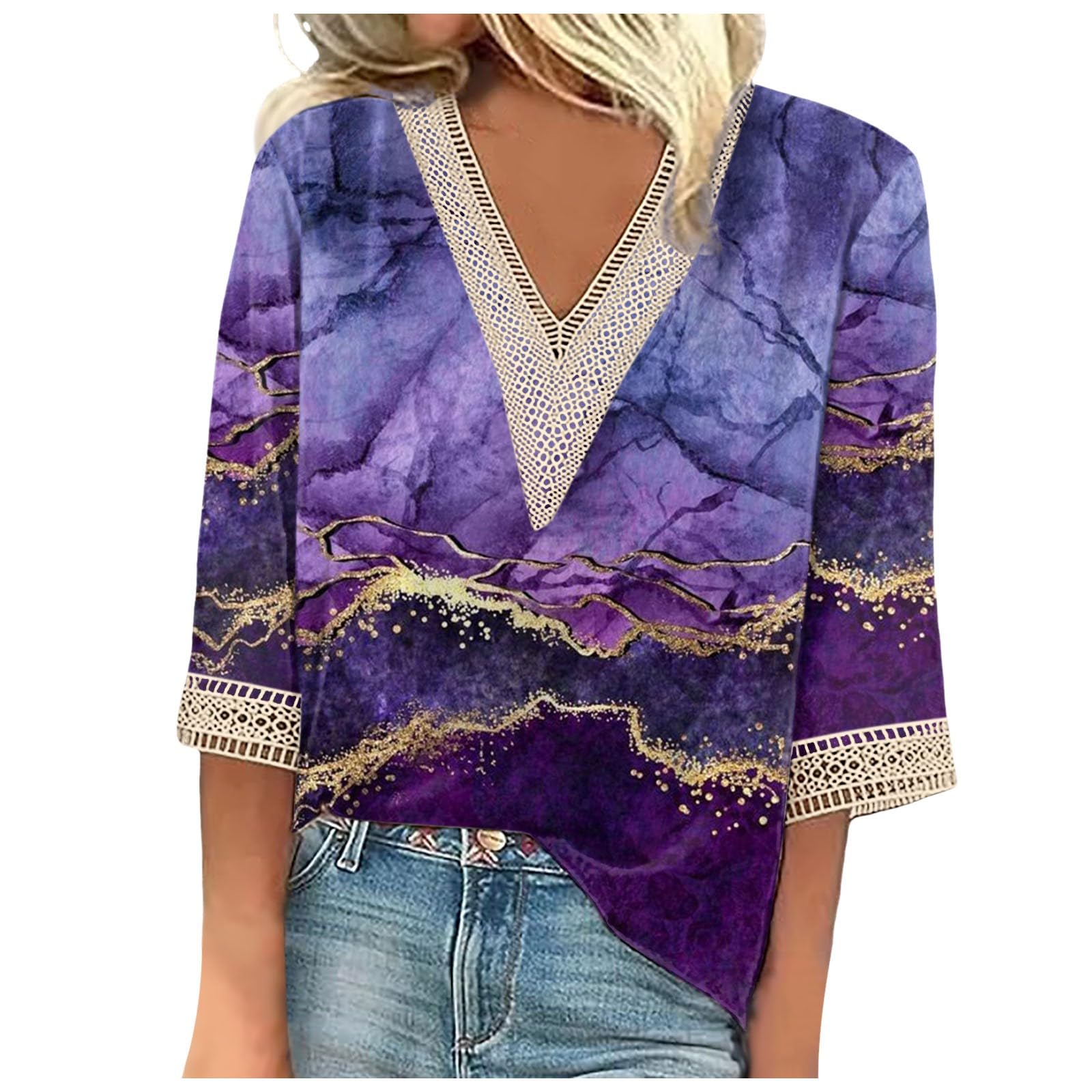 BCDlily3/4 Sleeve Tshirts for Women Knitted V Neck Casual Tops Flower Printed 2024 Summer Outfits Comfy Lightweight Tunics