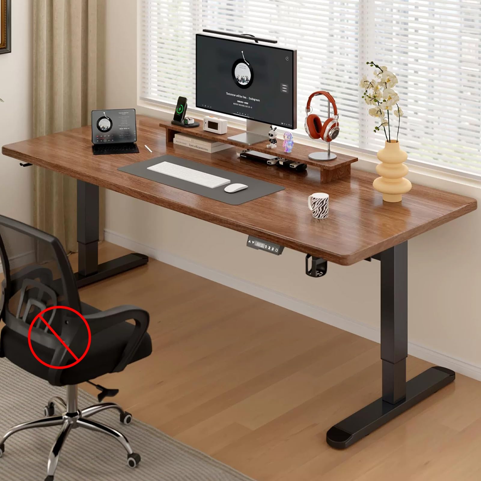 JKGHK Adjustable Standing Desk Brown Stand Up Desk with 3 Preset Heights Office Desk with Headphone Hook Cable