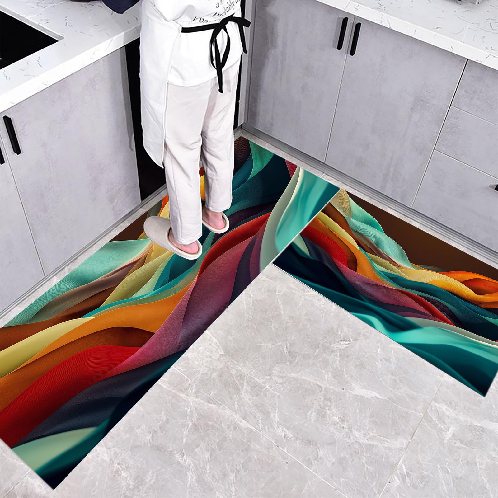 Tapis de cuisine antidérapants et lavables motif vagues colorées lot de 2