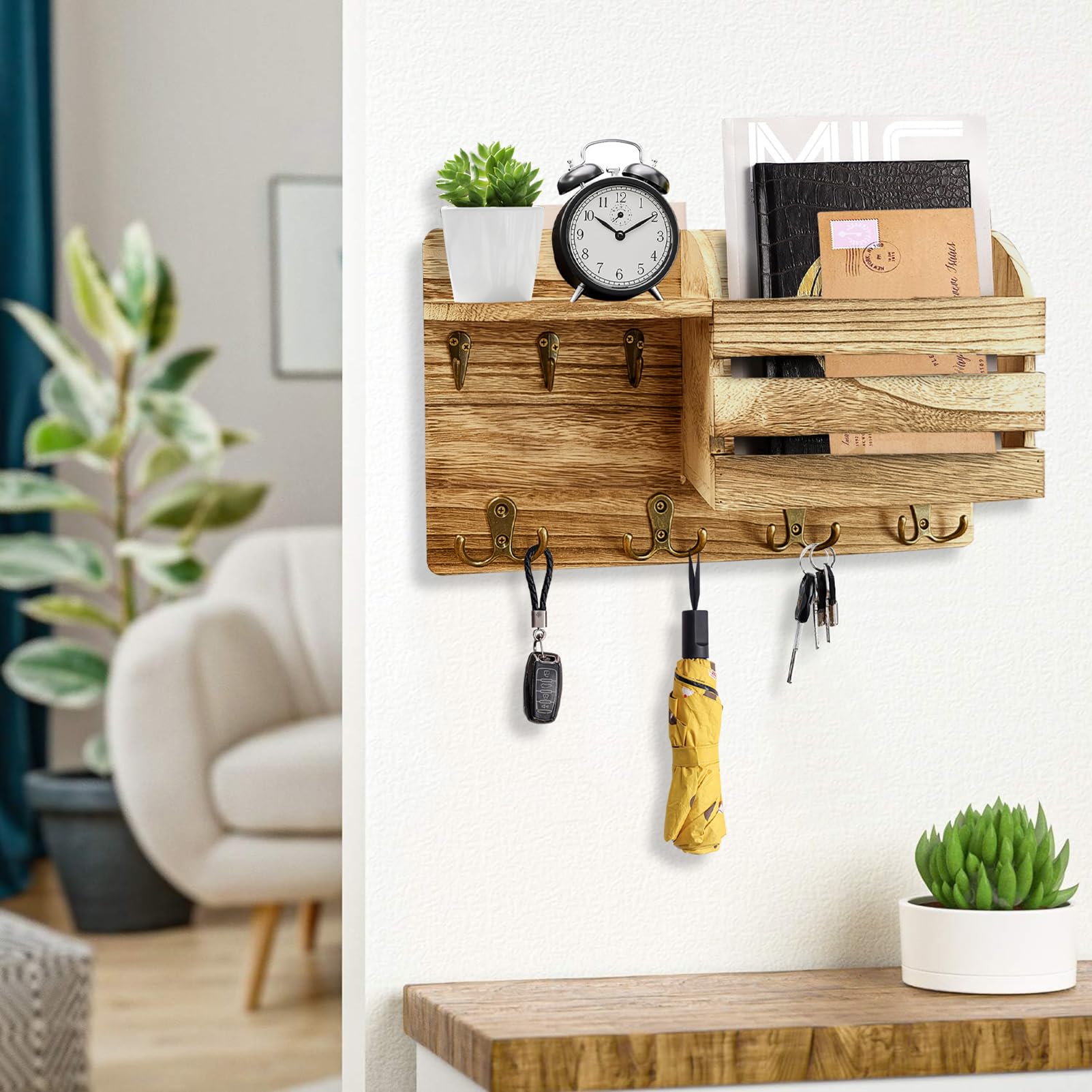 AHUONEL Porte-clés Mural En Bois Avec 6 Crochets Pour Maison, Bureau