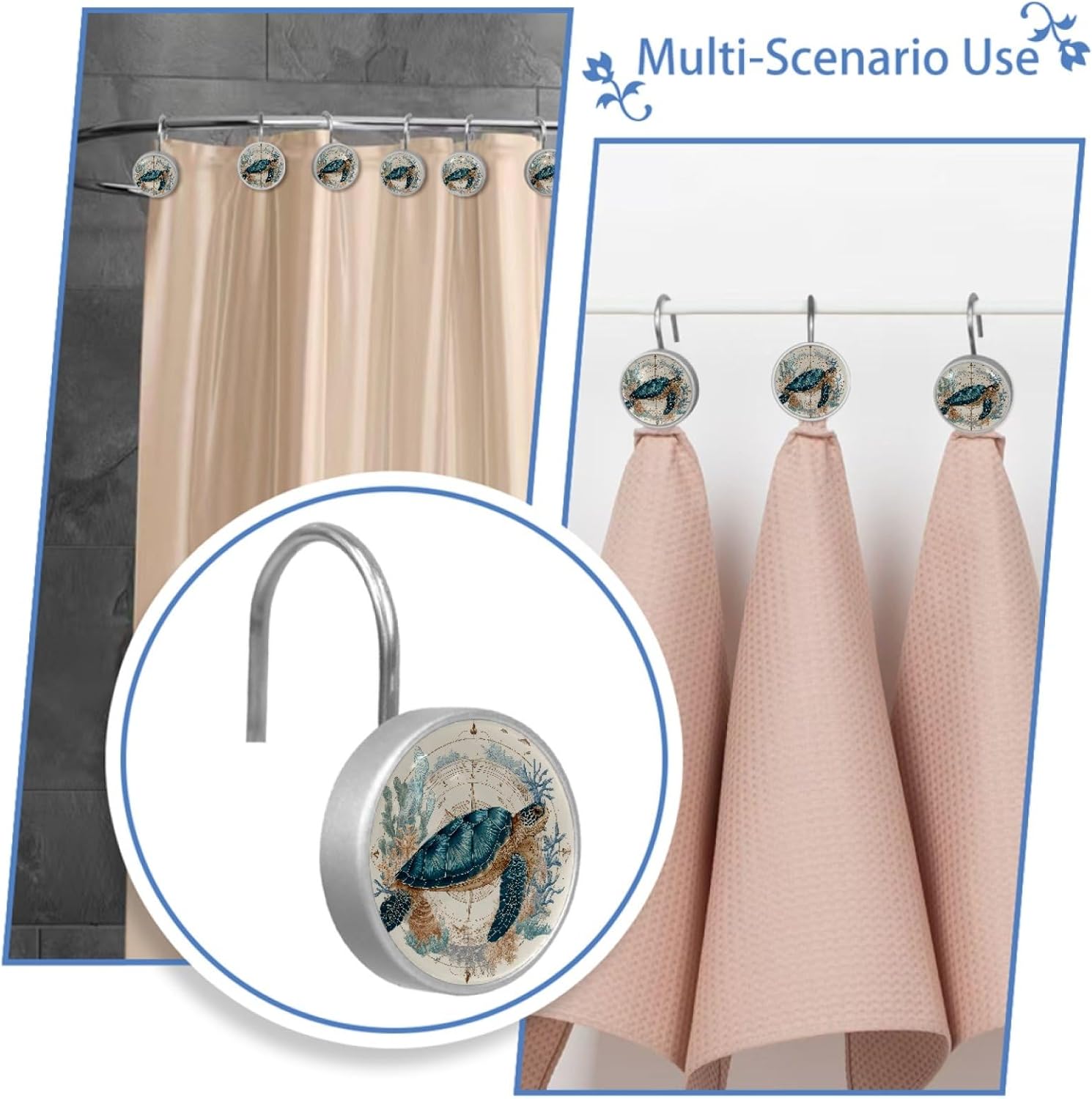 Vintage Turtle Shower Curtain Hooks Rings, Round 12 Pcs Resin Glass Shower Curtain Hangers for Bathroom, Rust Proof Stainless Steel Shower Hooks for Shower Curtain Rod