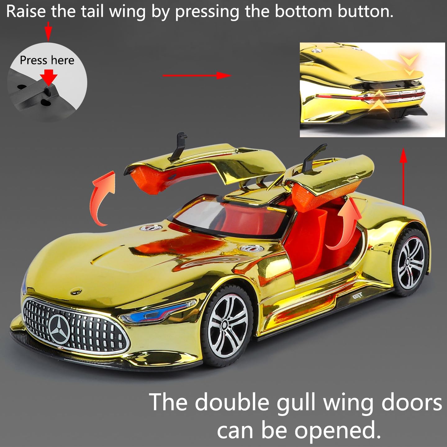 Toy Car Model 1/24 Gloden AMG Vision GT Alloy Collectible Vehicle Pull Back Die-Cast with Lights and Sound