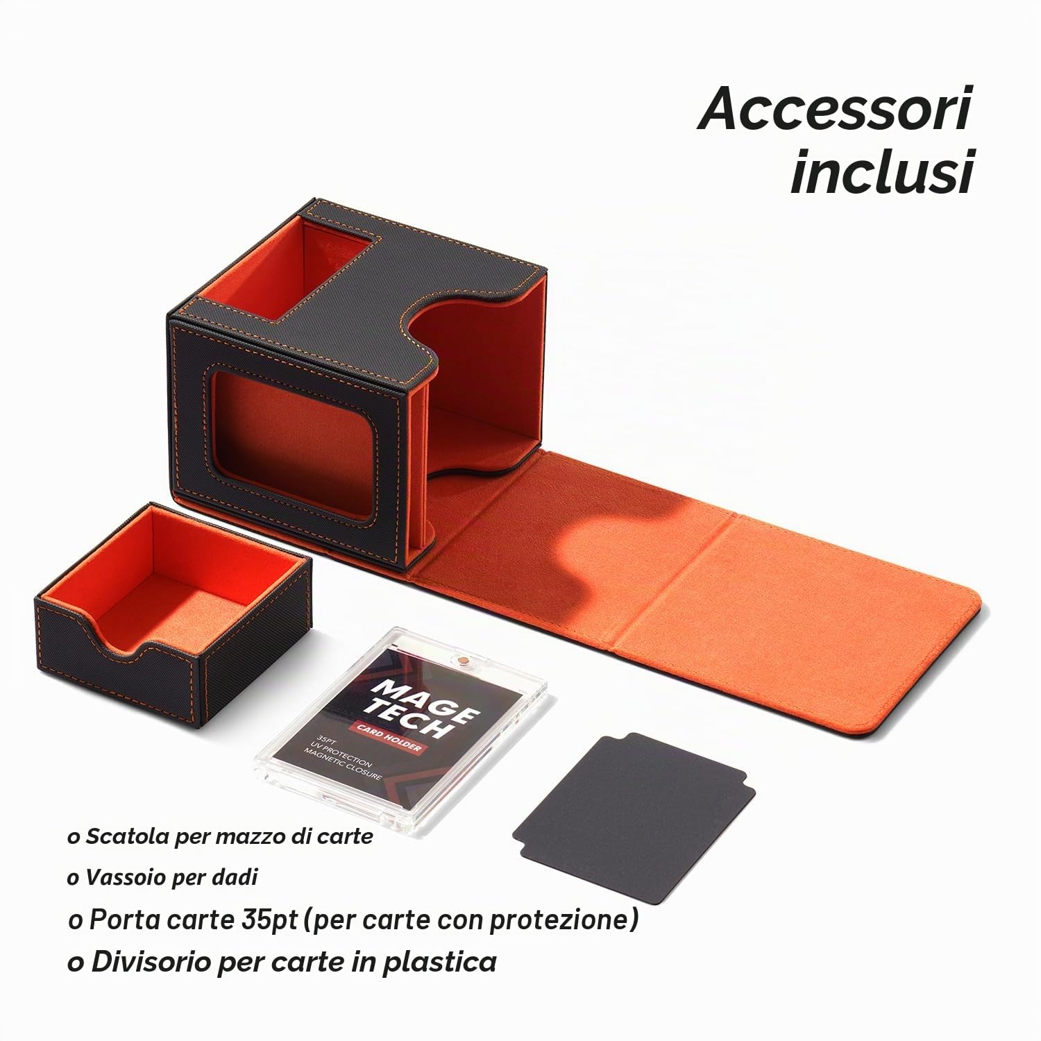 Mage Tech Commander Deck Box per MTG - Design Brevettato, Vetrina Commander, Adatta a 100 Carte Double-Sleeve, Porta Carte Magnetico da 35pt & Vassoio per Dadi - Grigio Scuro/Arancione