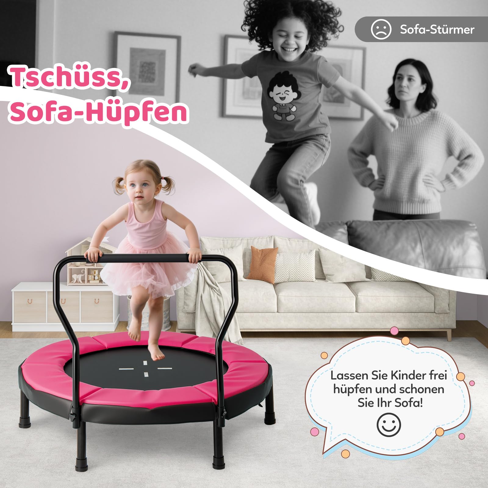 COSTWAY Ø102 cm Kinder Trampolin, Fitness-Trampolin Indoor mit Abnehmbarer Haltegriff, Minitrampolin bis 100 kg belastbar, Gartentrampolin Outdoor für 3-6 Jahre Kinder