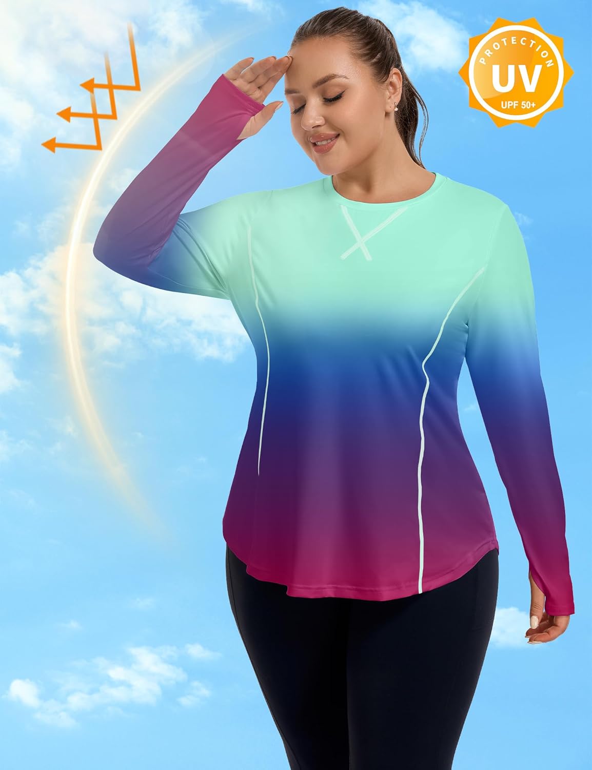 FOREYOND Women’s Plus Size UPF 50+ Long Sleeve Sun Shirt with Thumb Holes Quick Dry Athletic Hiking Running Workout Tops