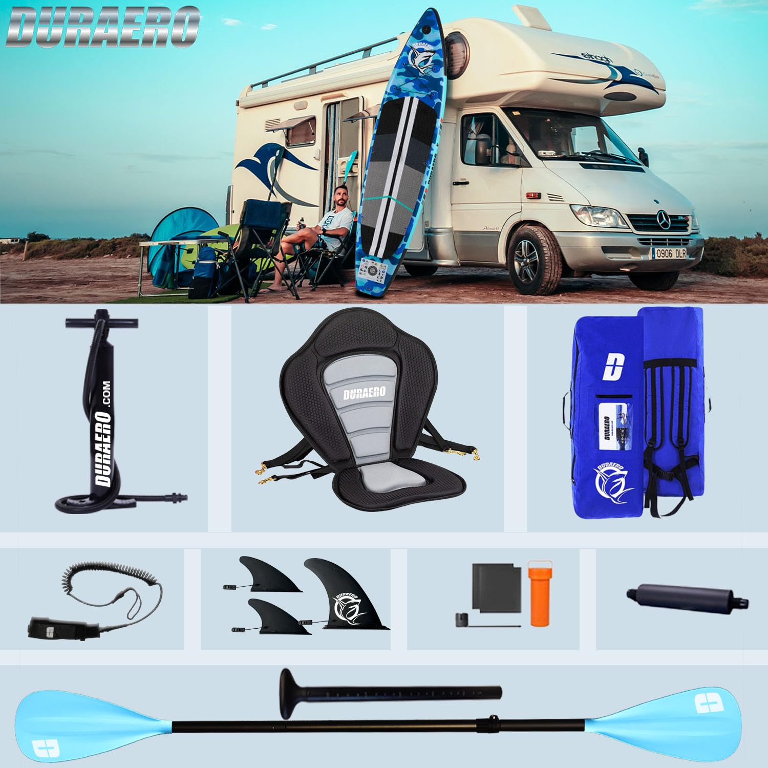 Stand up Paddling Board Aufblasbare, Kajak Sitz,330x76x15cm, Tragkraft bis 150Kg, Cam Halterung,Integrierte Kick-Pad, 3 Finnen, Verstellbares Doppel-Paddel, Komplettes Zubehör, Blaues Camouflage