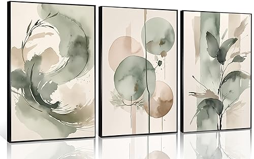 3pcs Sage Green Abstract Canvas Wall Art Beige and green