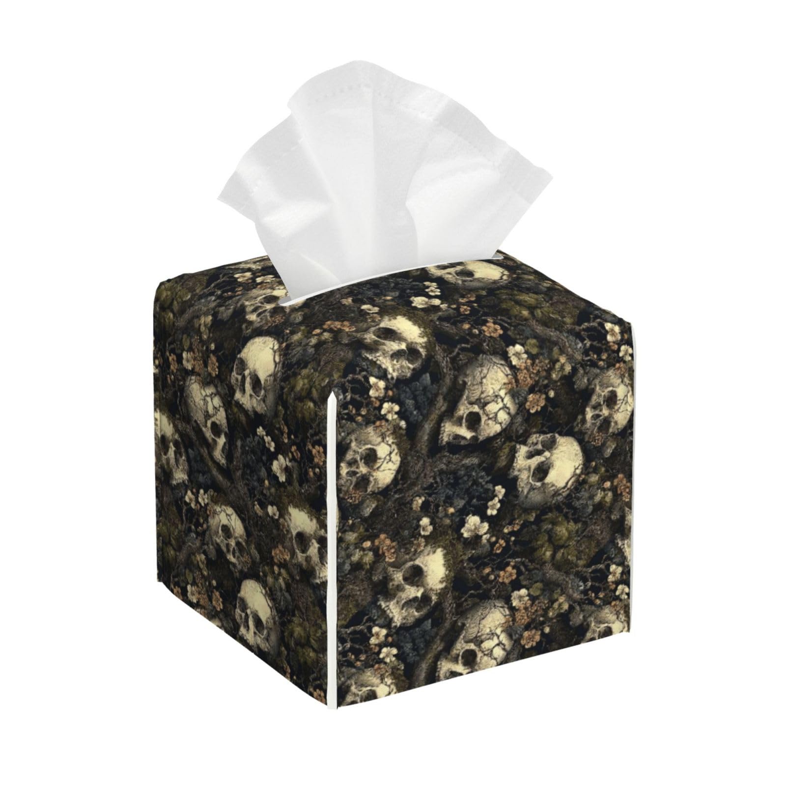 Dark Floral Skull Print Tissue Box Cover Holder Square, Foldable Modern Cube Tissue Box Cover, Leather Decorative Organizer for Tabletop Bathroom Car Office Desk Decor