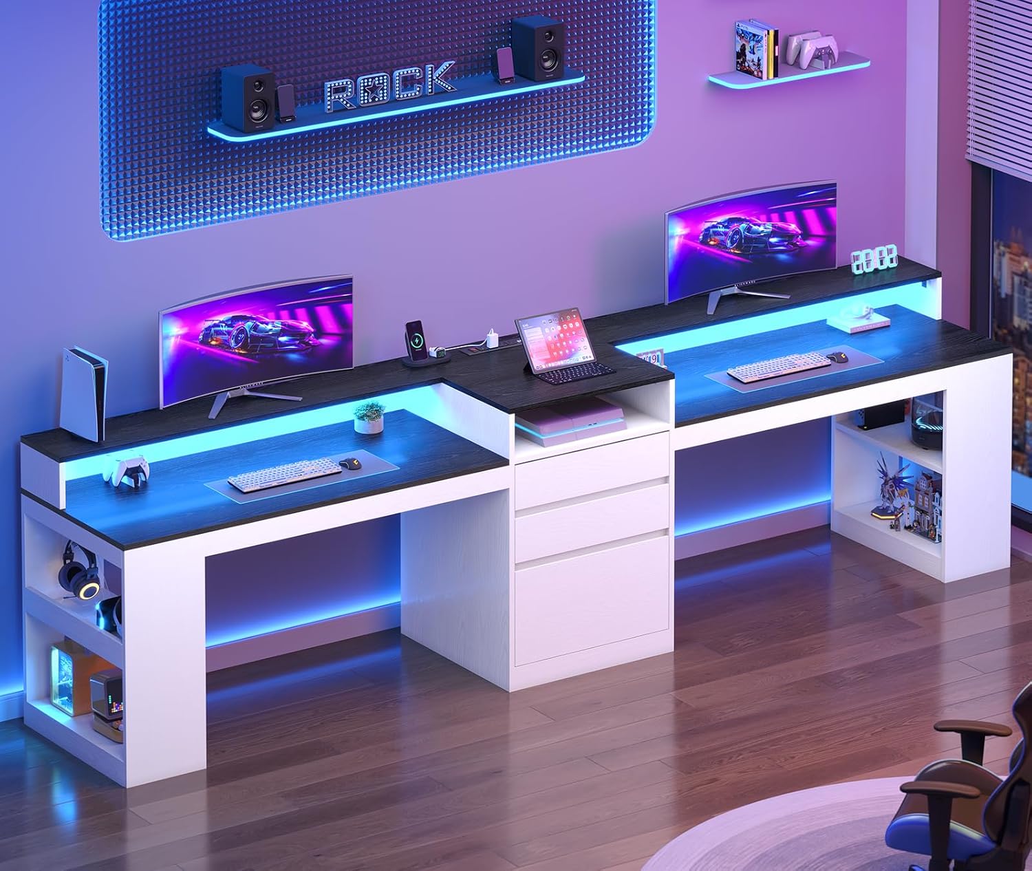 96.6" Long Computer Desk, 2 Person Desk with LED Lights & Power Outlet, Modern Two Person Gaming Desk with File Drawers, Monitor Stand, Printer Shelf ＆ Storage, Double Table for Home Office White