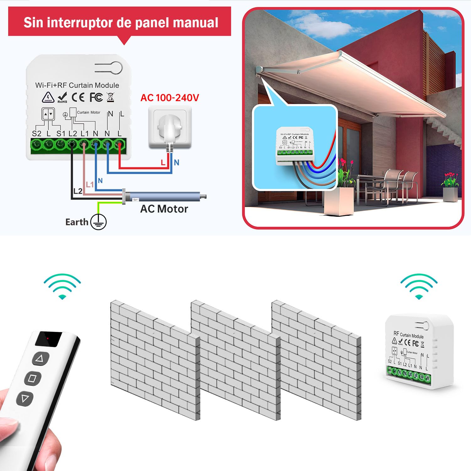 Interruptor De Persianas Por Radio, Receptor De Módulo De Relé Inalámbrico Con Rango De Control Remoto RF De Hasta 100M Receptor De Relé De 2200W Para Persianas Eléctricas