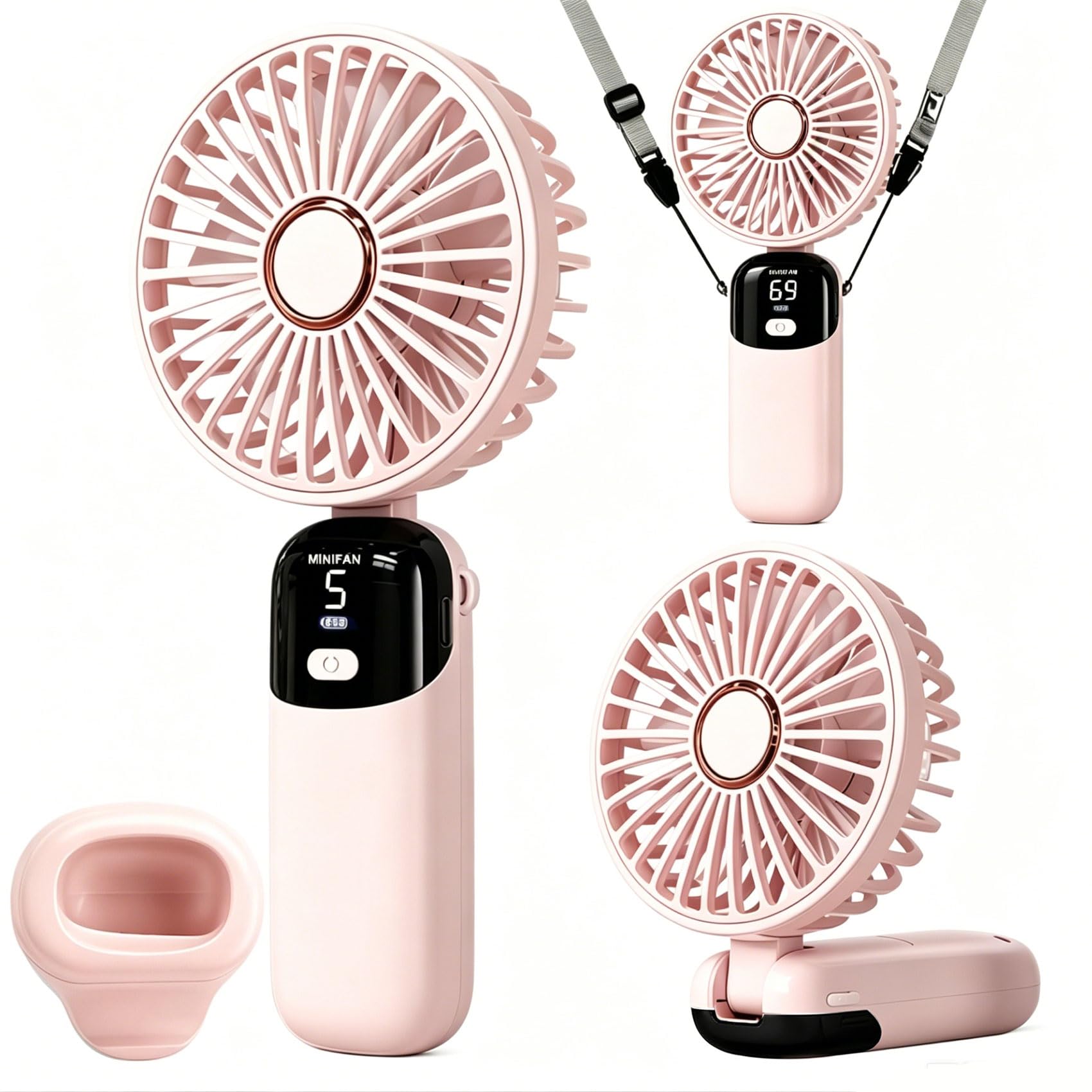 PIuertoRick Rechargeable Hand held Fan with LED Display, 5-Speed Settings, 90-Degree Adjustable, Desk Fan, Hand Fan, Portable fan, Quiet Cooling, Compact Design, USB Charging.(pink)