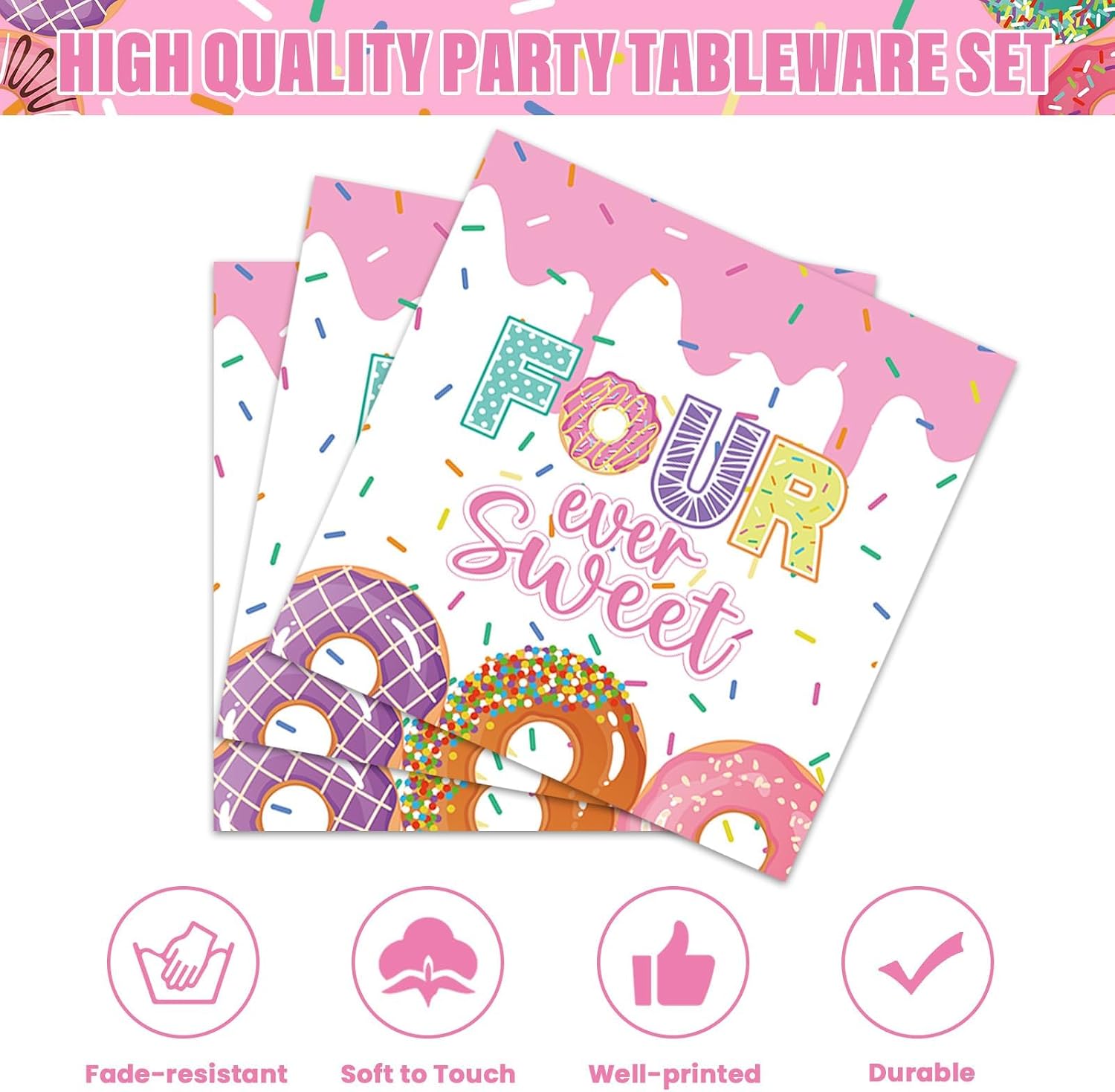 96 Pcs 4th Birthday Donut Party Decoration for 24 Guests Four Sweet Donut Paper Plates Napkins Four Years Old Themed Tableware Set Table Supplies 4th Birthday Pink Party Favor