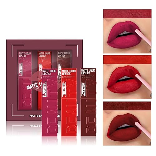 Juego de 3 lápices labiales líquidos mate, cremoso y aterciopelado, de larga duración, antiadherente, no se decolora, para todas las pieles (juego