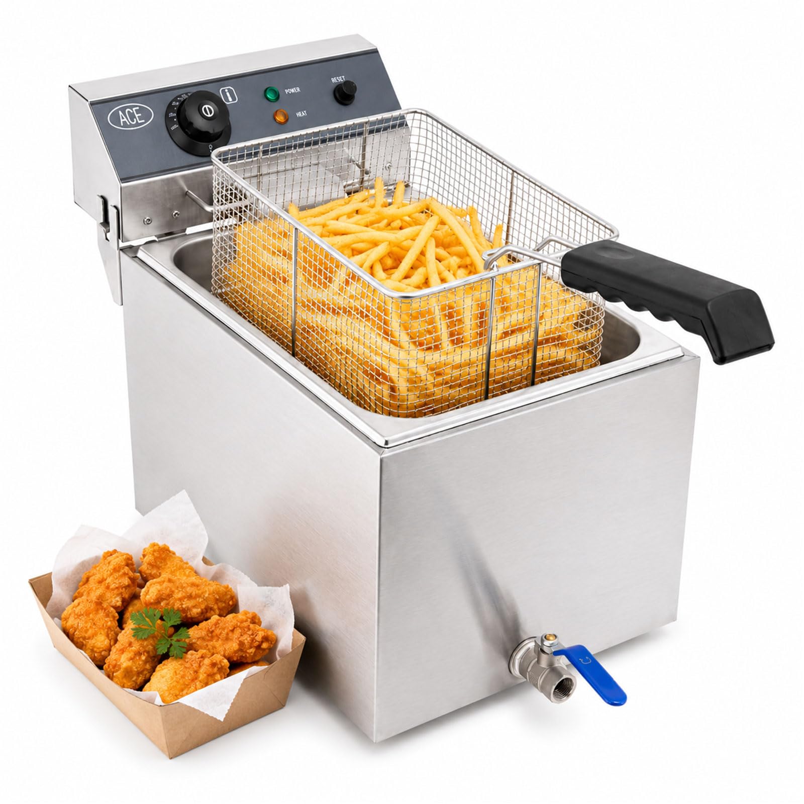 HAKKA Electric Deep Fat Fryer with Faucet 17L, Large Commercial Chips Fryer Single Tank with Drain Tap Baskets &Lids 240V 3000W Temp Control Stainless Steel Frying Machine for French Fries, Donuts