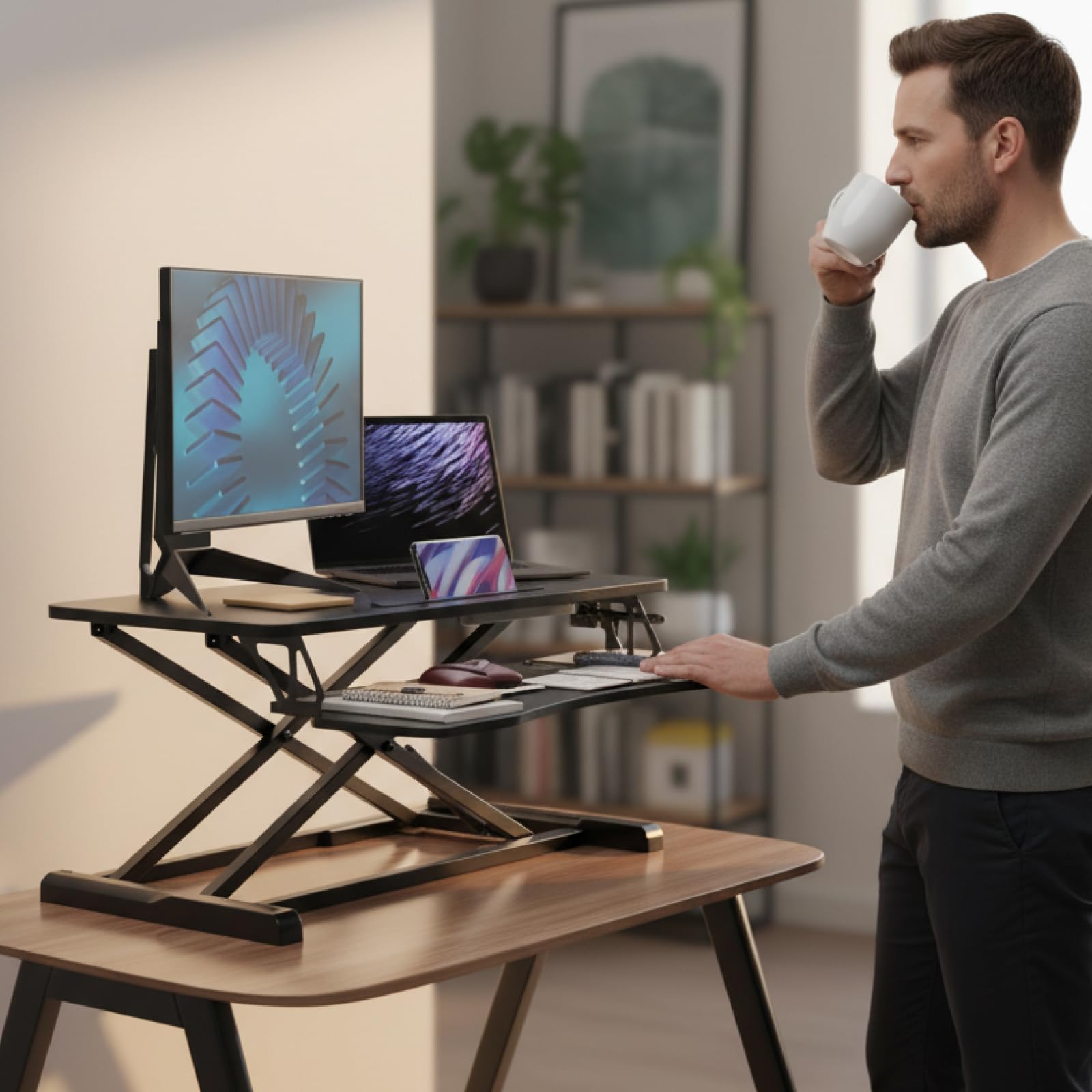 Fohfurniture Convertisseur de bureau debout, support assis, table d'extension, petit bureau debout, Airlift Pro, bureau debout, lève-bureau à domicile (noir)