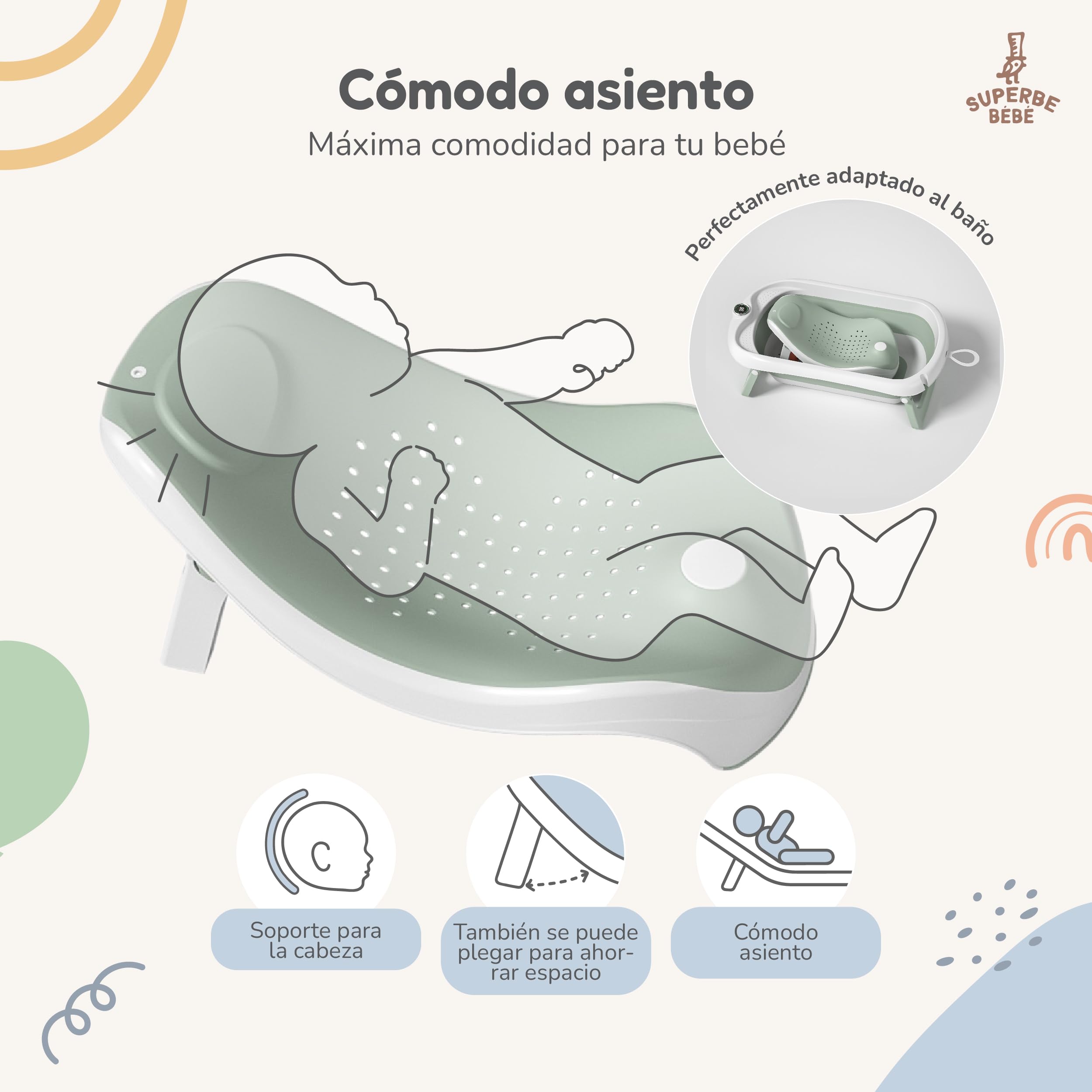 Bañera Plegable Bebé Con Asiento De Baño Antideslizante - bañera Bebe Plegable Con Termómetro - Asiento Bañera Bebe - Silla - Desde El Nacimiento Hasta Los 3 Años - Regalos De Nacimiento (VERDE)