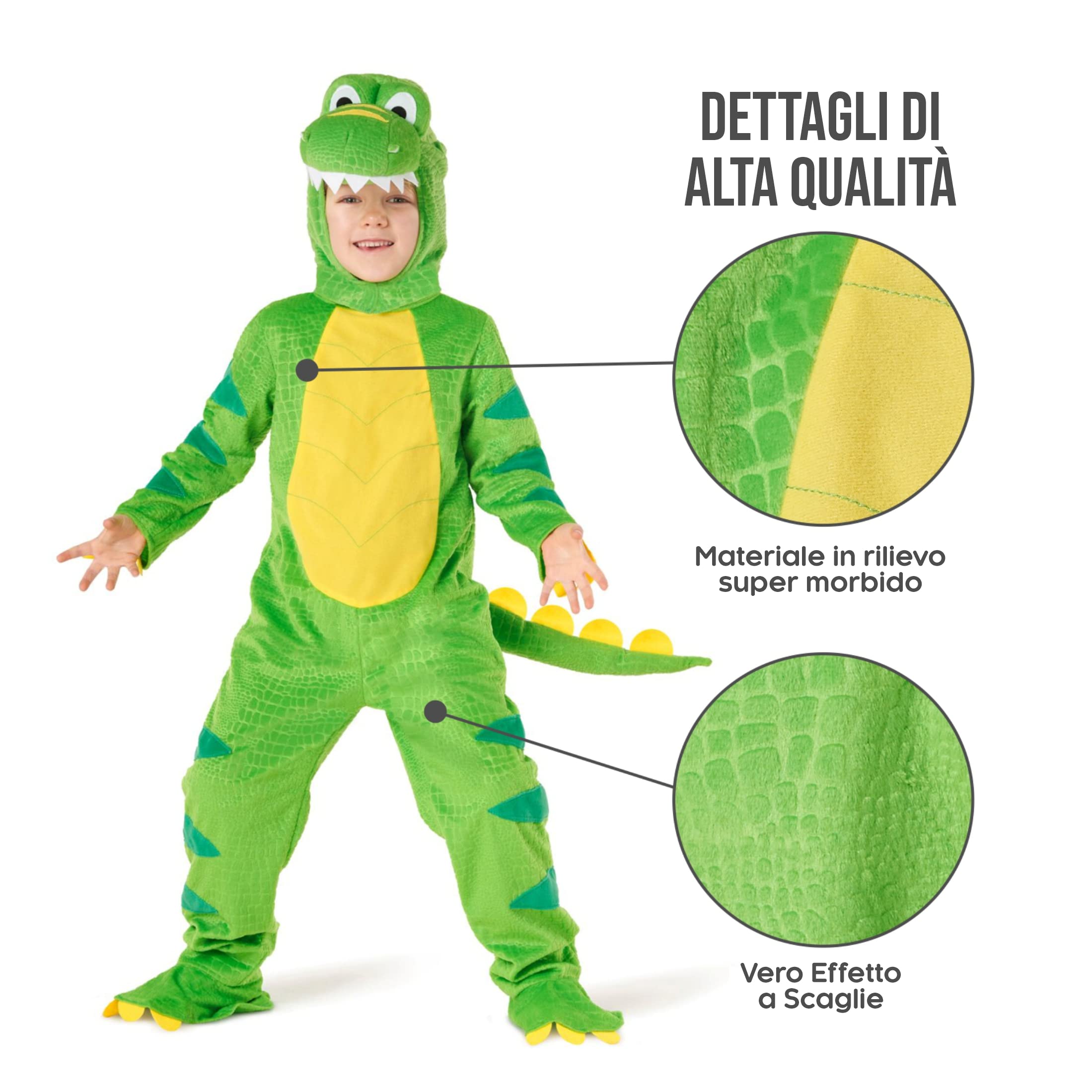 Morph Costume Dinosauro Bambino, Costume Halloween Bambino | Tuta a Forma di Dinosauro & Copricapo, Design Verde Preistorico, Perfetto per Halloween, Ideale per il Gioco di Ruolo