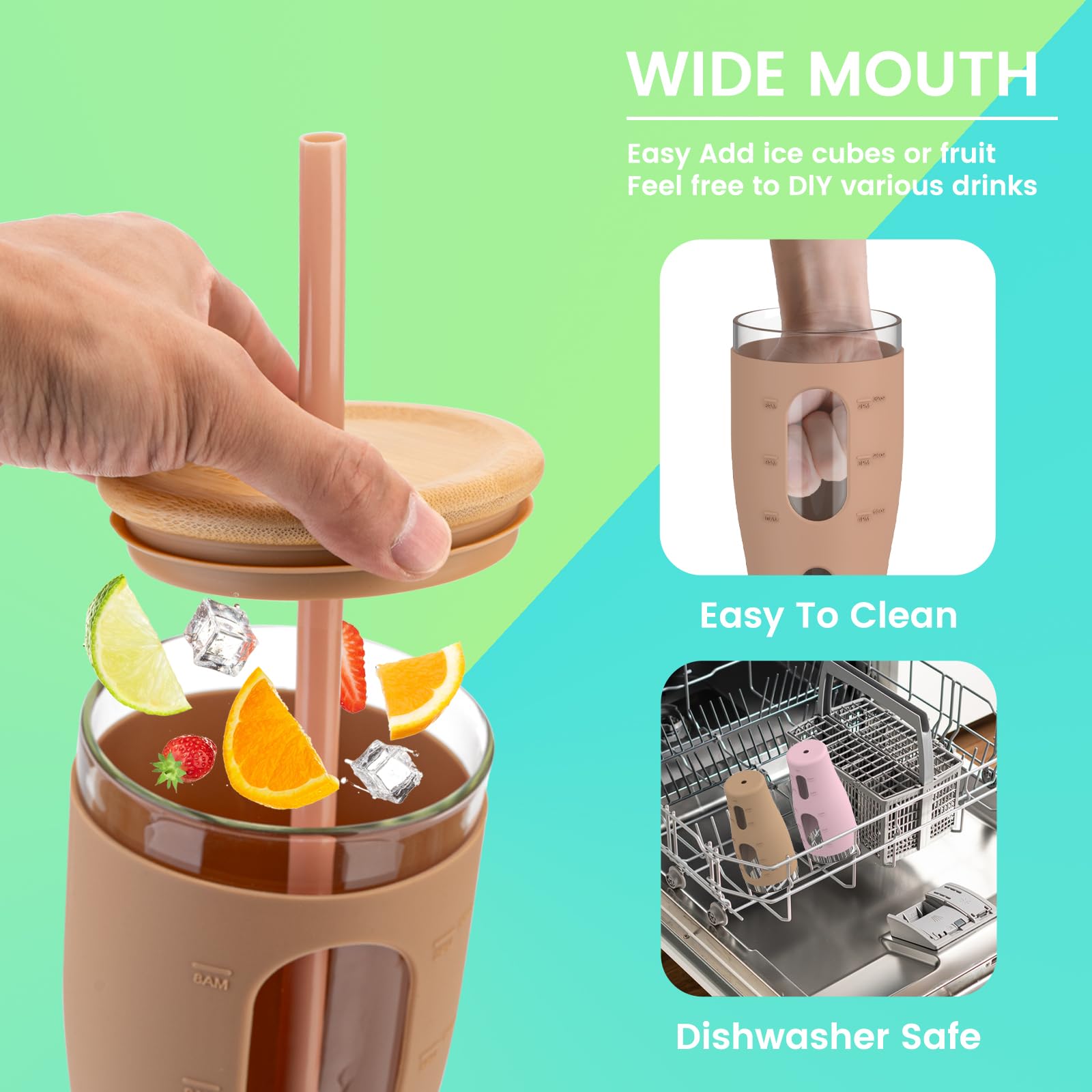 Amazon.com | Hydraful 32 oz Glass Tumbler with Straw and Lid - Perfect Size  for Iced Coffee, Smoothies, Boba, and Juice - Wide Mouth Glass Water Bottle  with Silicone Sleeve and Time