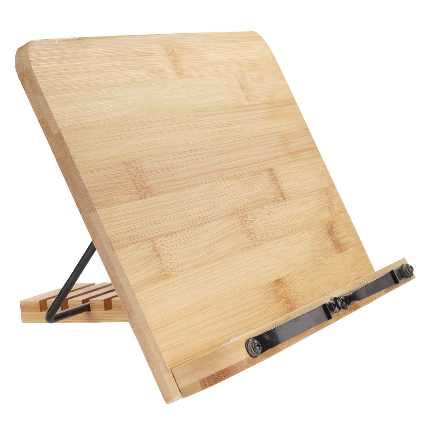 BambooMN Universal Bamboo Book Stand for Cookbooks Reading Cell Phone Art Sheet Music Tablet - Portable and Foldable