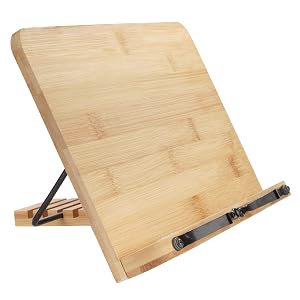 BambooMN Universal Bamboo Book Stand for Cookbooks Reading Cell Phone Art Sheet Music Tablet - Portable and Foldable