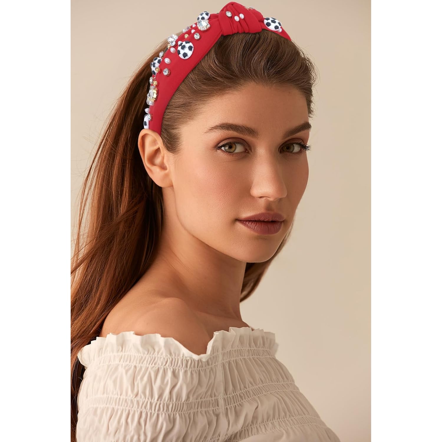 Soccer Headbands for Women Crystal Soccer Embellished Wide Top Knot Headband for Women Game Day Hair Accessories (Red) - Image 5