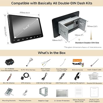 S8MS 9inch QLED AI Double Din Car Stereo, with On Dash Camera, Wireless CarPlay & Android Auto, 4G+32G, Built-in 4G&WiFi, DSP 36B-EQ & SCVC, Dual Bluetooth, GPS Tracking, HD LRV