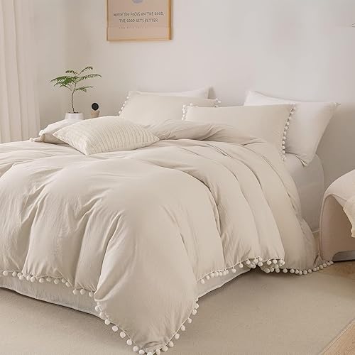 Miniatura 6 de Bedbay Juego de edredón con pompones, color beige, bohemio, juego de ropa de cama para niños y niñas, juego de ropa de cama de microfibra ultra