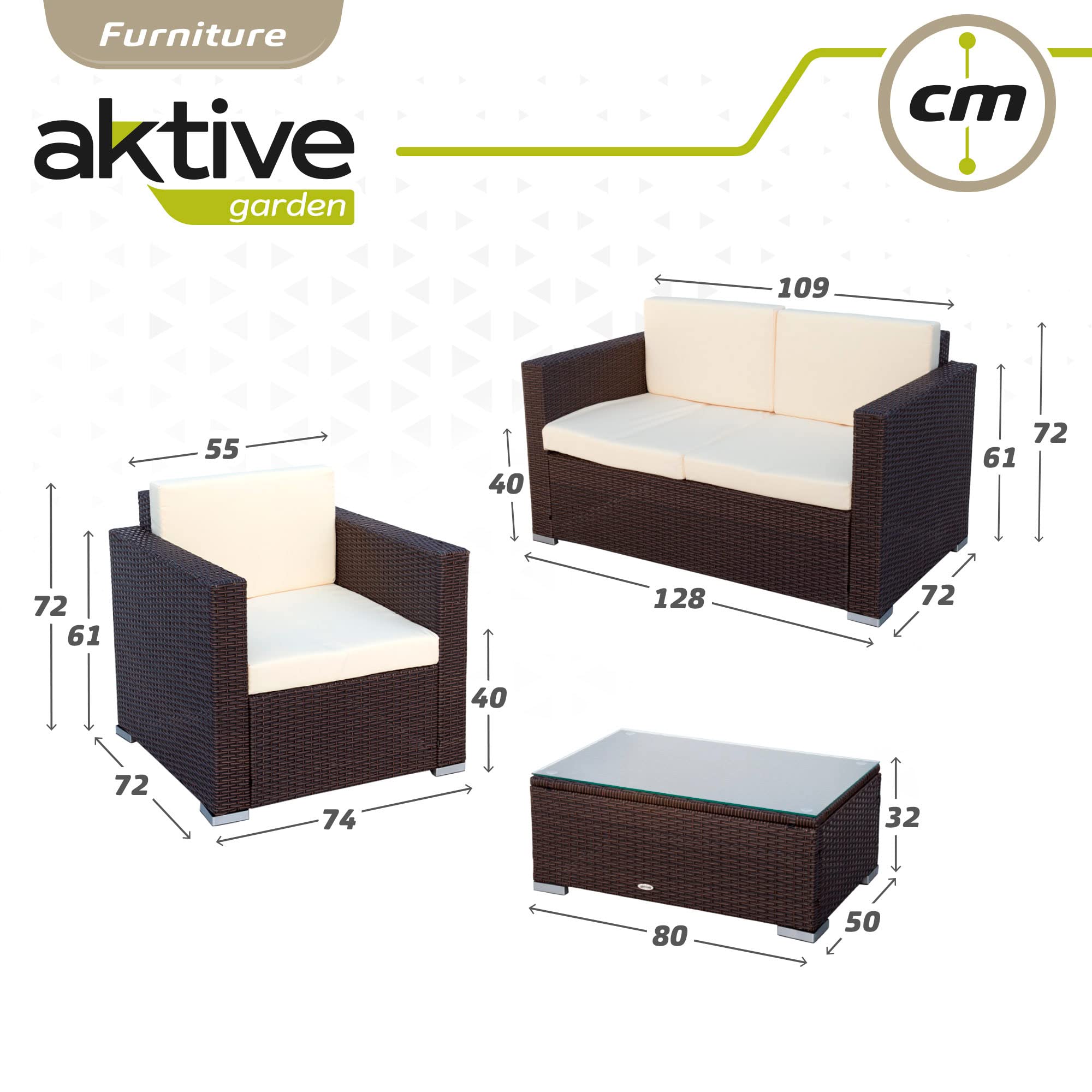 Aktive 61071 - Zestaw ogrodowy rattanowe meble ogrodowe, Ratan zestaw ogrodowy, meble tarasowe na zewnątrz, w tym 2 fotele ogrodowe na zewnątrz, 1 sofa na zewnątrz i 1 stół taras zewnętrzny