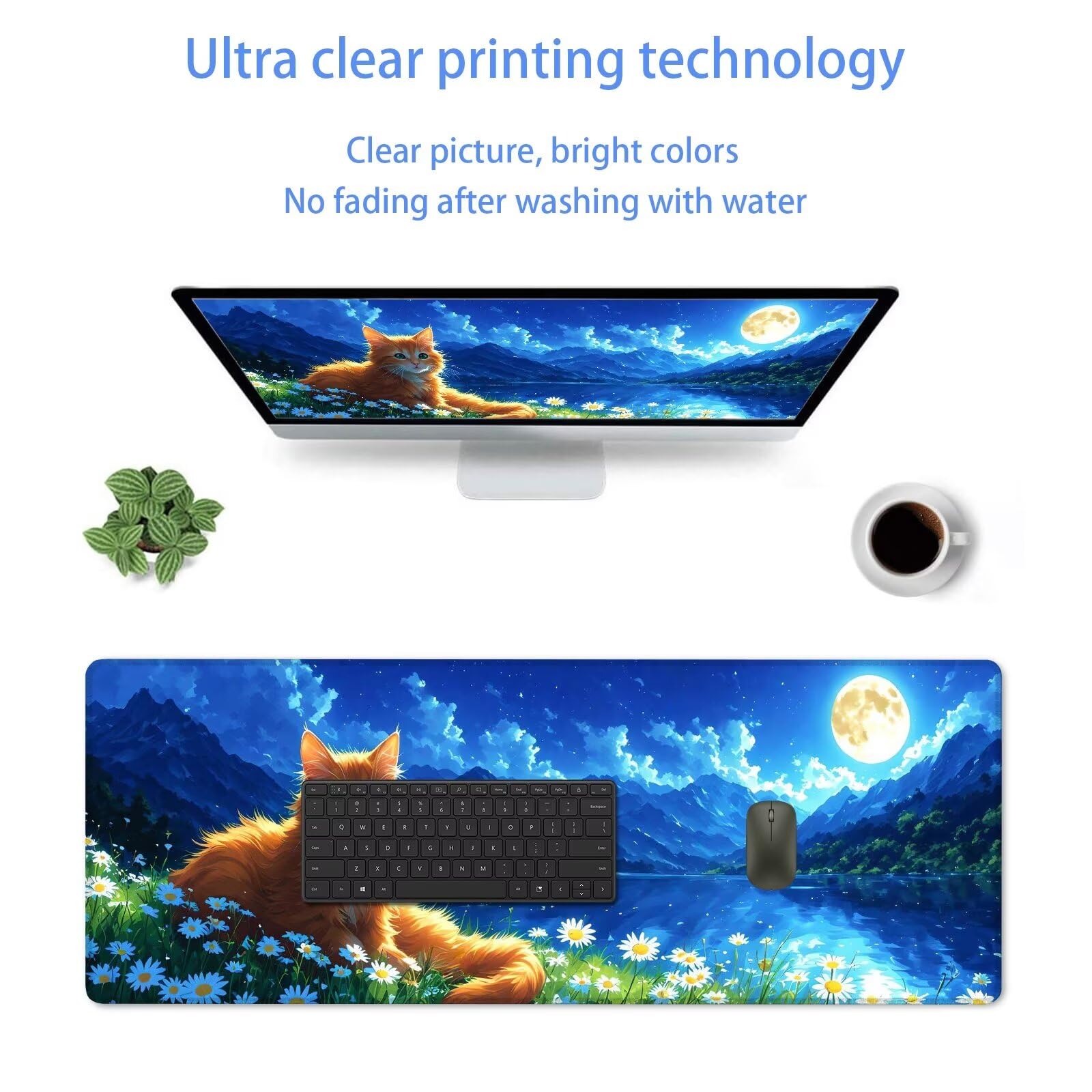 Blu Tappetino Mouse Gaming, Tappetino Mouse XXL 1200 x 500 mm, Tappetino Mouse Gatto, Mouse Pad con Base Antiscivolo, Bordi Cuciti Tappetino per Mouse, Tappetino Mouse Gaming di Alta Precisione S-295