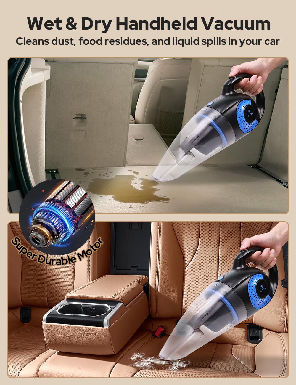 CostarMatter Car Vacuum Cleaner 2 in 1 for Car and Home Car Vacuum Cleaner Cordless, Wet and Dry, Dual Mode, 7000pa Powerful Suction, Window Vacuum, USB Rechargeable, with Accessories 1