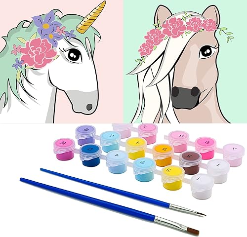 AMETUS Pintura infantil por números para edades de 4 a 12 años unicornios y caballo enmarcada lienzo de pintura al óleo 8 x 8 pulgadas con pinceles