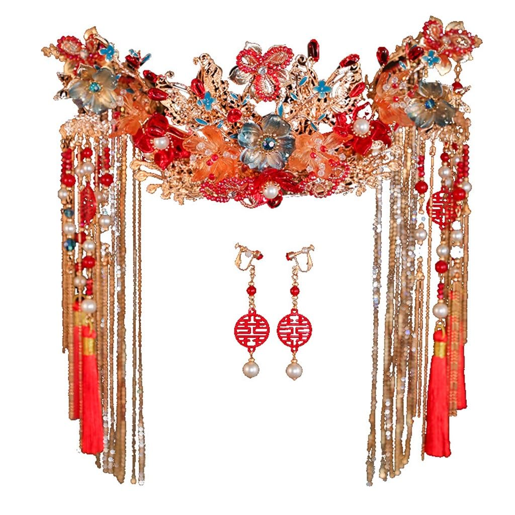 Xiuhe Tiara Bride Chinese Wedding Red Retro Glazed Phoenix Crown Belt Hair Accessories Clothing