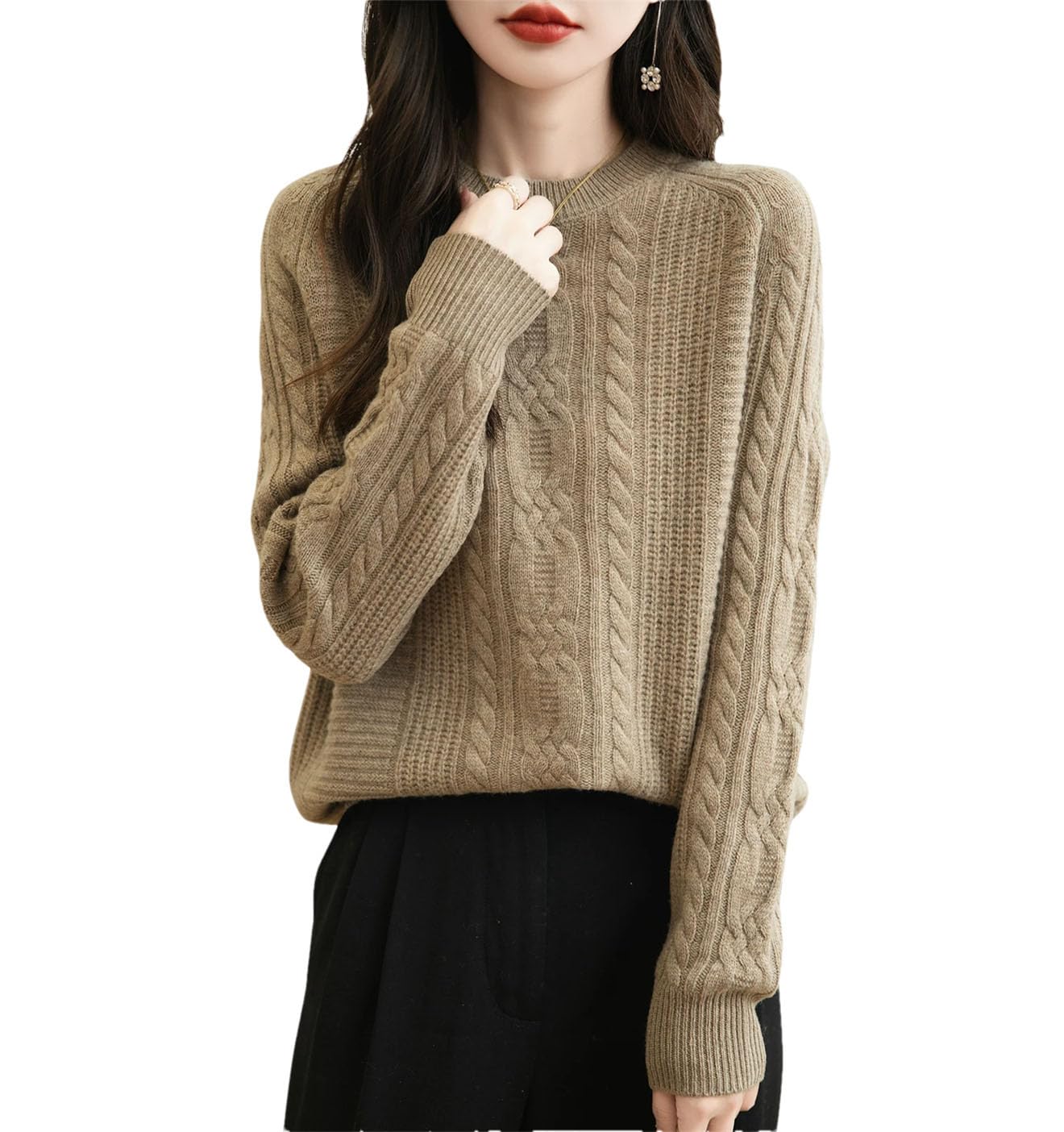 Maglione da donna in lana merino girocollo autunno inverno tinta unita manica lunga caldo top maglione lavorato a maglia capispalla