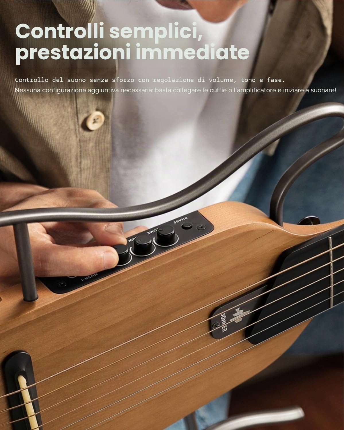 Donner HUSH-I Chitarra Portatile Senza Testa Acustica-Elettrica Ultra-Leggera Silenziosa Viaggi Corpo Acero Telai Rimovibili Custodia Morbida Accessori