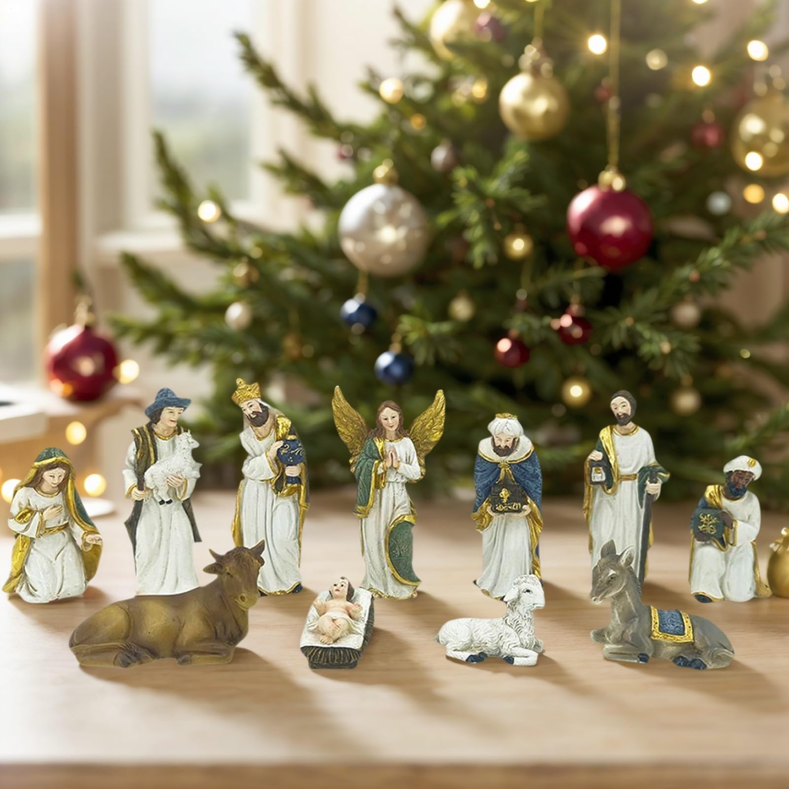 Set di Figurine del Presepe Statue ornamentali cristiane cattoliche | Sculture Religiose della Nascita di Gesù in Resina per famiglie cattoliche chiesa casa tavolo Natale da interno ornamenti