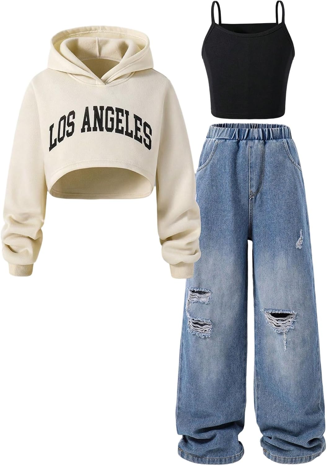 OYOANGLE Girl's 3 Piece Outfits Cami Top and Graphic Crop Hoodie with Ripped Jeans Set Fall Clothes