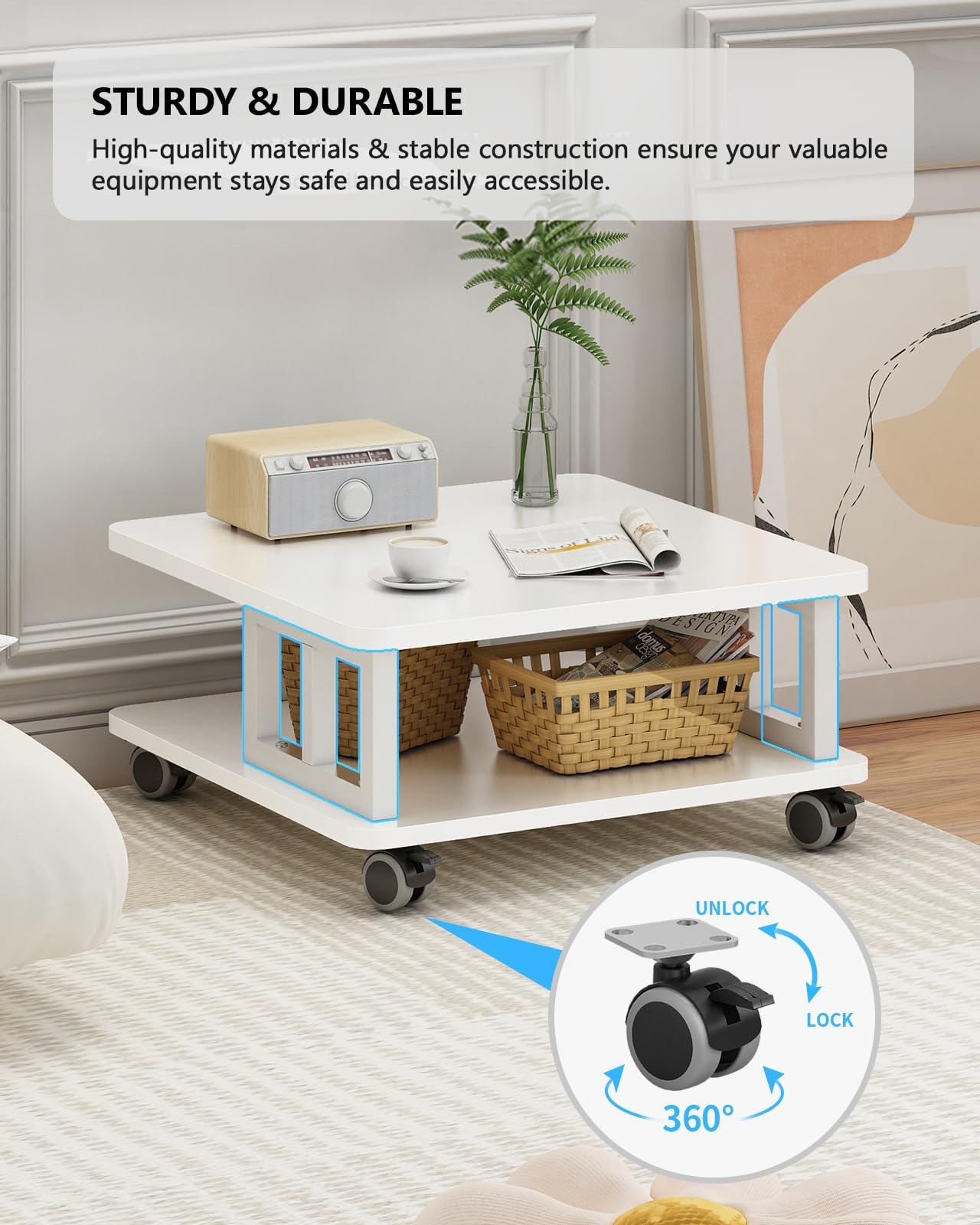 Soporte para impresora móvil, estante grande de 2 niveles para impresora láser 3D, máquina de oficina con almacenamiento, carrito de impresora de madera de 23.6 x 23.6 pulgadas, estante debajo 4