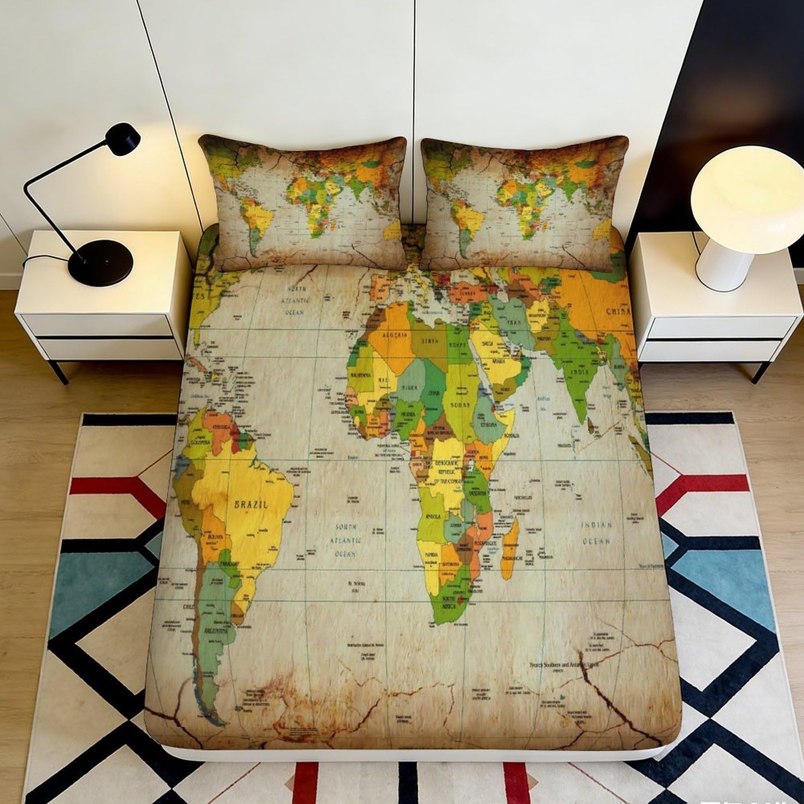 Pnayamiorkfel Style-3 3D Printed Vintage World Map Fitted Sheet Microfiber Soft Anti-Slip Mattress Cover For Bedroom Guest Room Decor 90X200x25cm