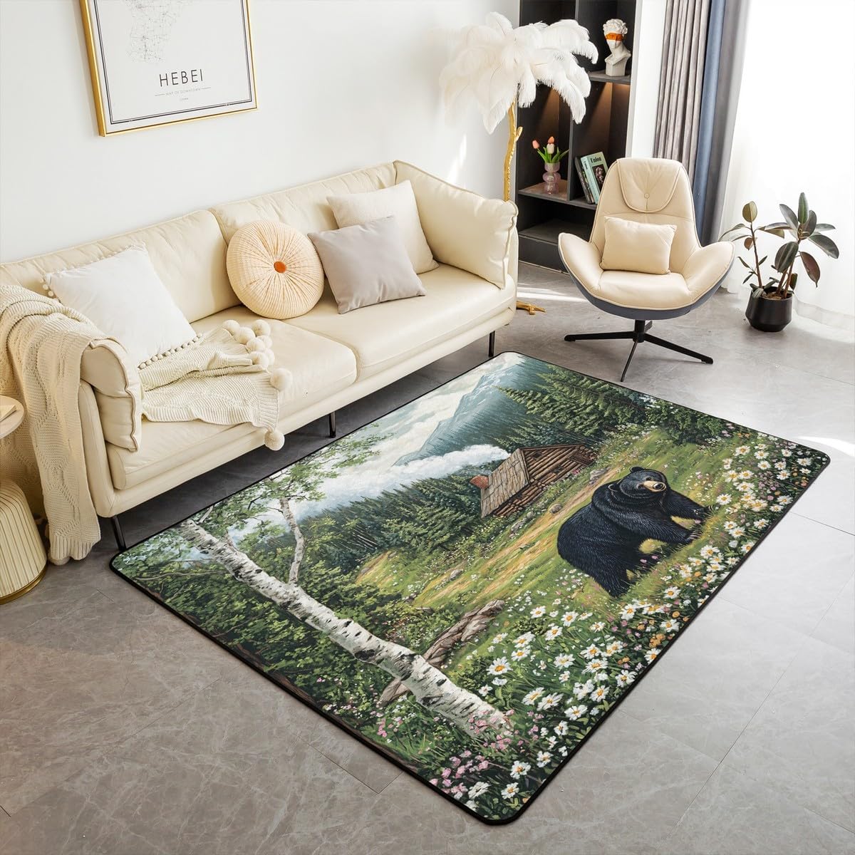 Feelyou Wild Animal Living Room Rugs for Kids Boys Girls Bear Accent Rug Area Rug 3x5 Rustic Cabin Country Indoor Floor Mat Lake Life Accent Rug Camper