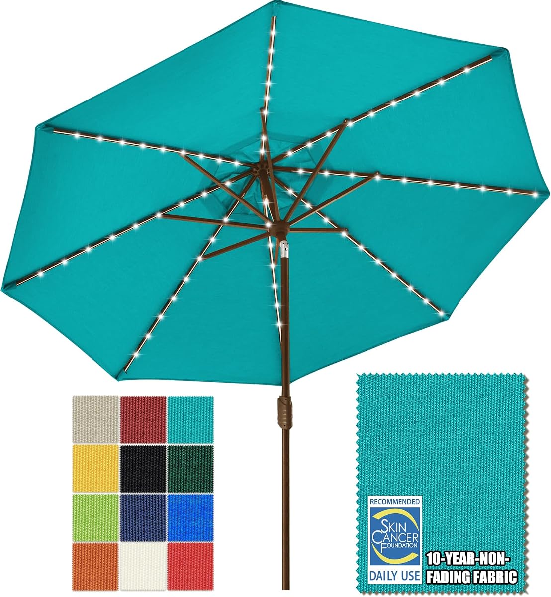 EliteShade USA Paraguas de patio de 9 pies que no se decolora durante 10 años, sombrilla de mesa de grado comercial con 80 luces LED solares, manivela abierta, resistente al viento y protección UV UPF 50+ para jardín, terraza, piscina, patio trasero, color verde azulado