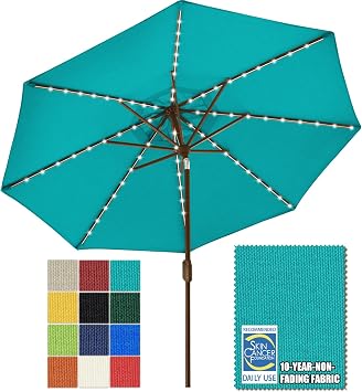 EliteShade USA 10-Year-Non-Fading 9ft Market Patio Umbrella, Commercial Grade Table Sun Umbrella with 80 Solar LED Lights, Crank Open, Windproof & UPF 50+ UV Protection for Garden, Deck, Pool, Backyard, Teal