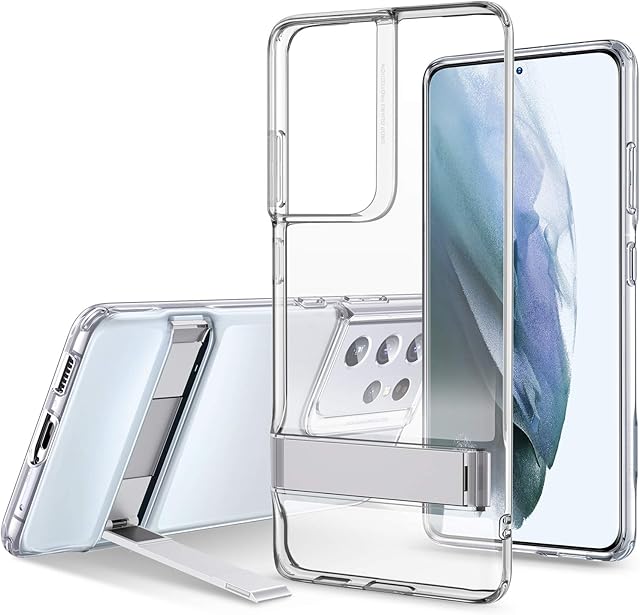 ESR Metal Kickstand Case Compatible with Samsung Galaxy S21 Ultra (6.8-Inch) (2021), Crystal Clear Slim Silicone, Portrait and Landscape Stand, Clear