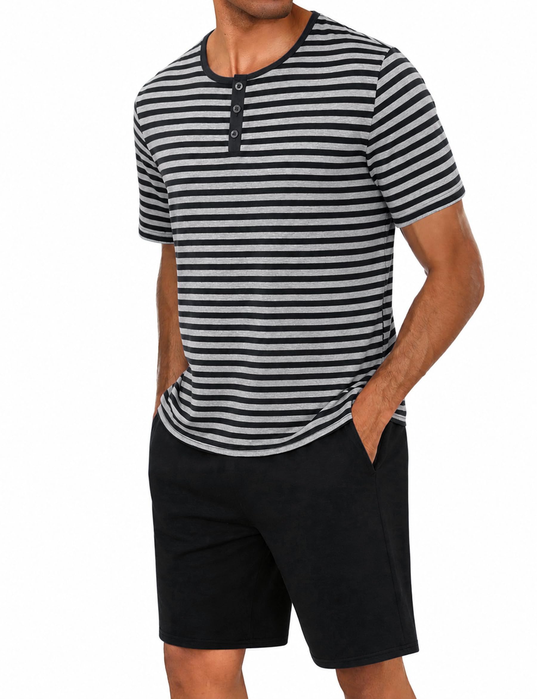Marvmys Schlafanzug Herren Kurz Sommer Pyjama Set aus Atmungsaktiver Baumwolle Zweiteiliger Kurzer Nachtwäsche Männer Kurzarm T-Shirt und Kurze Hose mit Taschen Loungewear S-3XL