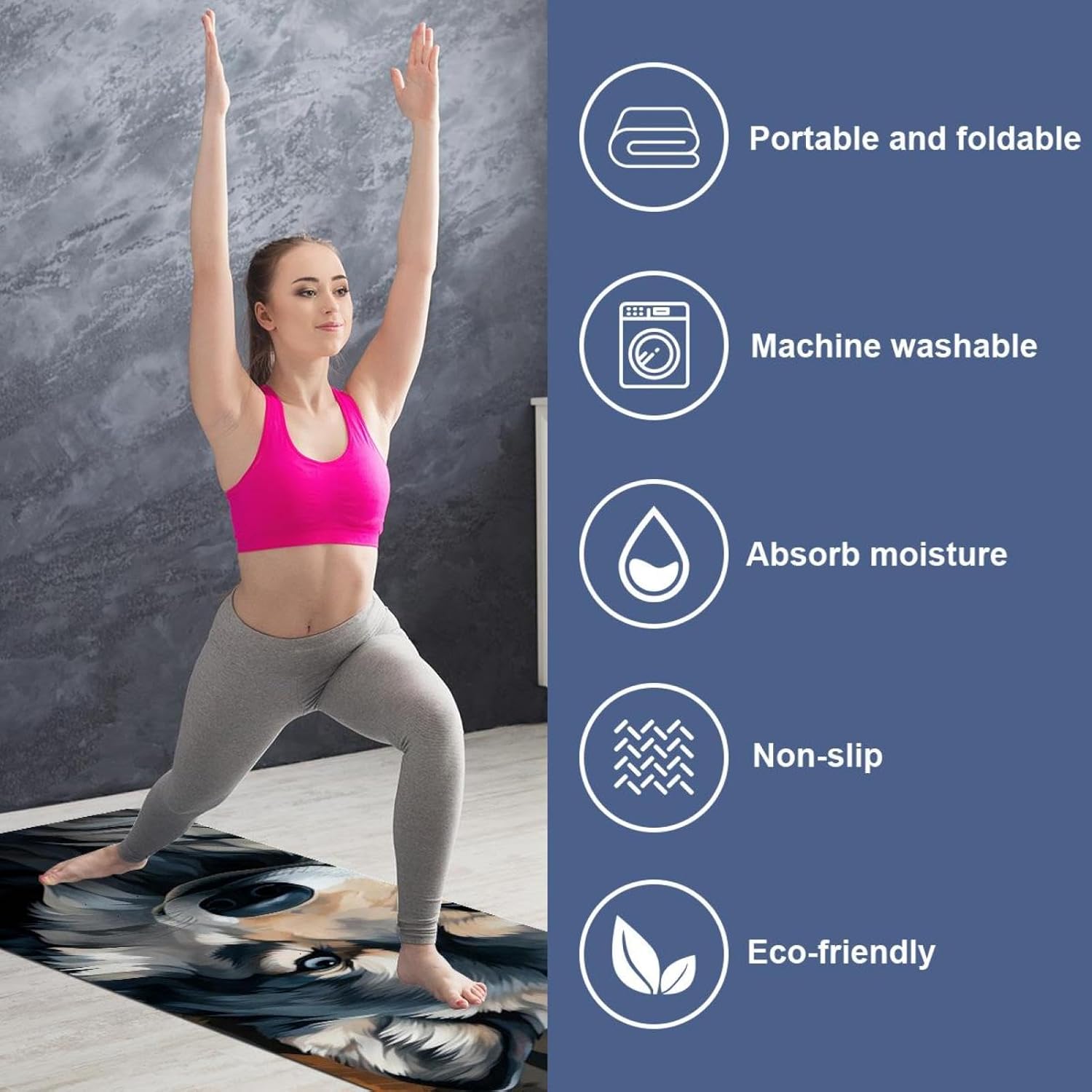 Yoga Towel, Wolf Animal Print Non Slip Sweat Absorbent Hot Yoga Mat Towel for Hot Yoga, Pilates and Fitness - 72.8" x 26.8"