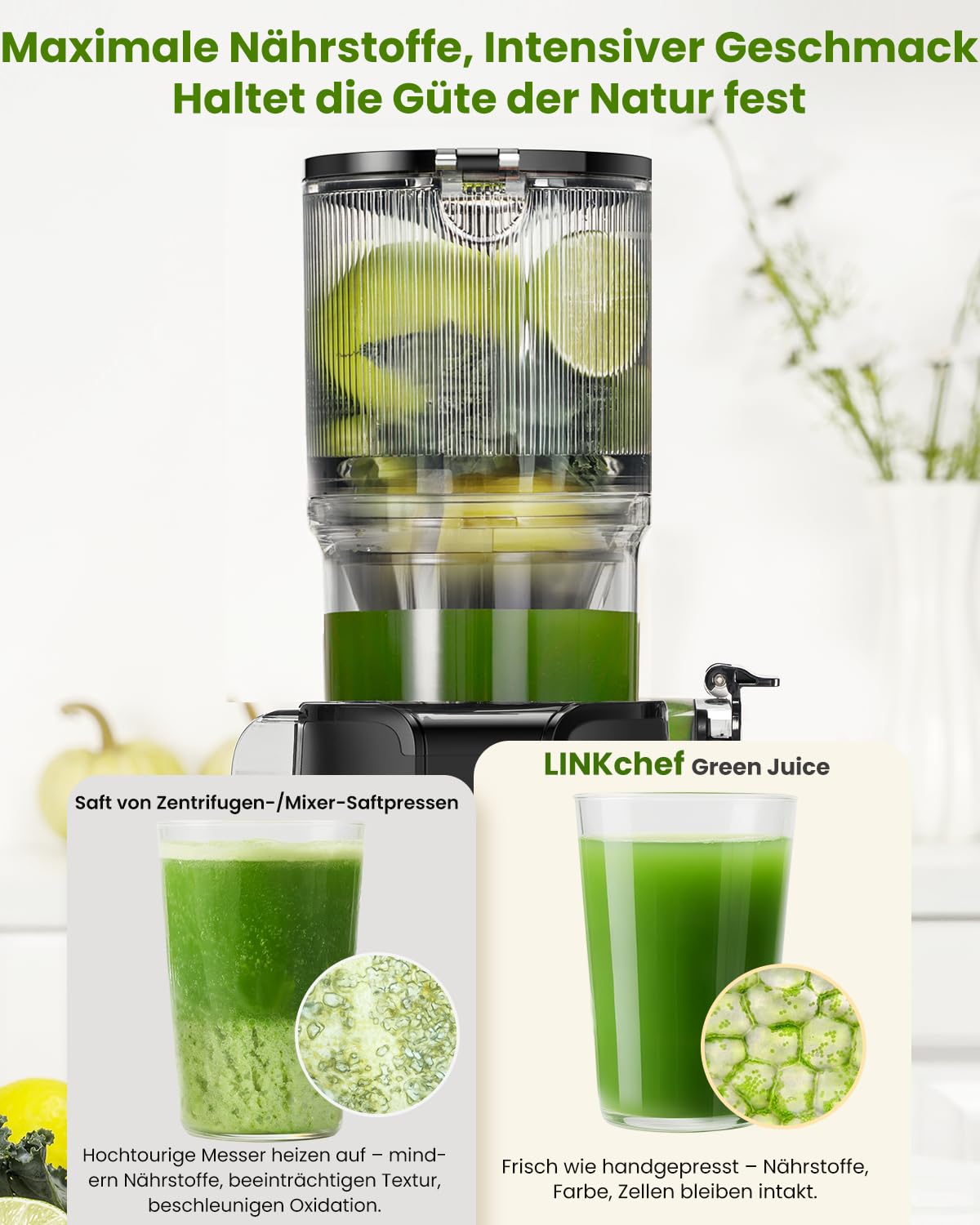 LINKChef Entsafter Slow Juicer 200W Kaltentsafter 115 mm Große Öffnung BPA-freie Saftpresse Schwarz