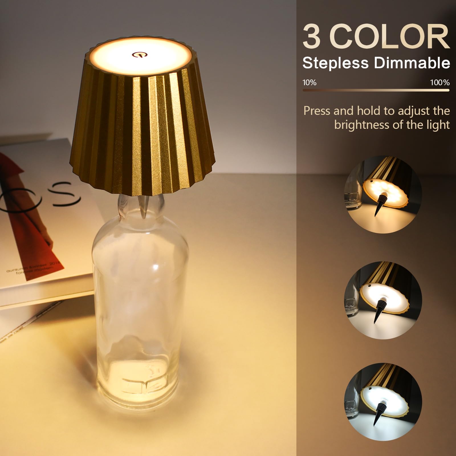 Beaeet Wireless Bottle Lamp Shade,Ricaricabile LED Portatile Cordless Tavolo Lamp, 3 Colori Stepless Dimming Touch Wine Bottle Lights for Outdoor Bar Dining Bedroom(Gold)