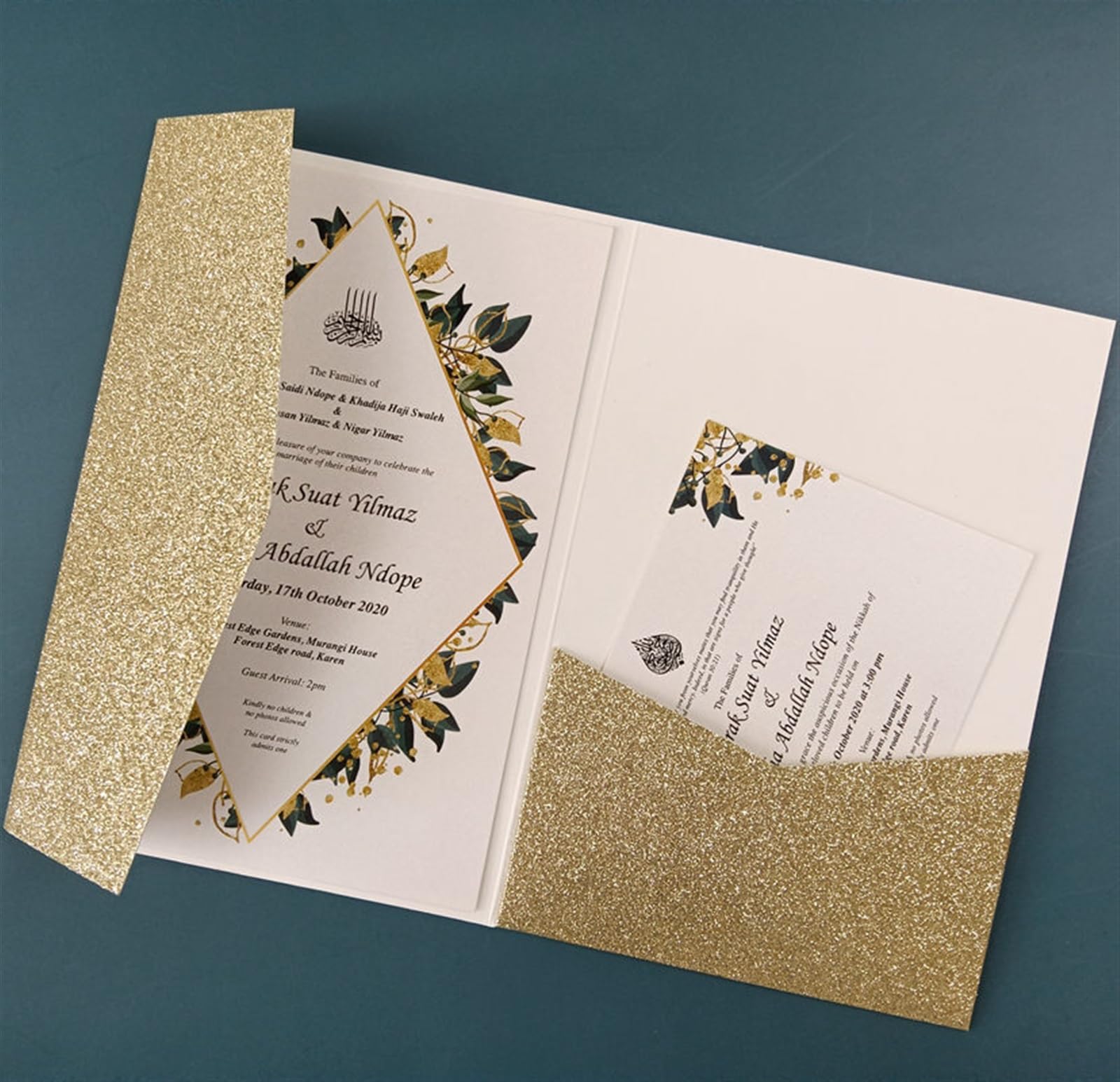 Hochzeitseinladung 50 dreifach gefaltete Hochzeitseinladungskarten mit Rosen-Laserschnitt, Taschen-Einladungsumschlag Universal(Champagne glitter,Blank set)