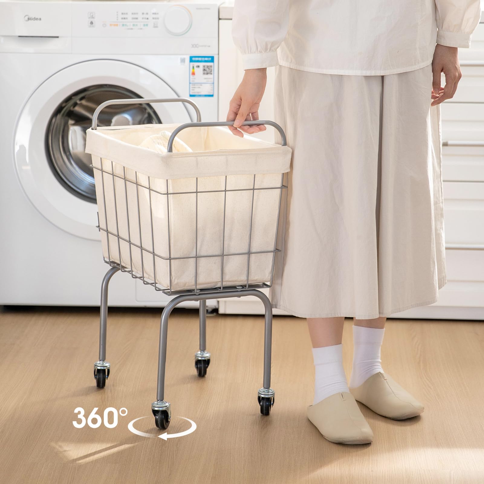SHIMOYAMA Kleiner Wäschewagen, 38L, Kompakt Wäschekorb mit Rollen, 360° Rollender Wäschesammler mit Carbonstahl-Rahmen & abnehmbarem Baumwollbeutel für Waschküche (Cremeweiß)