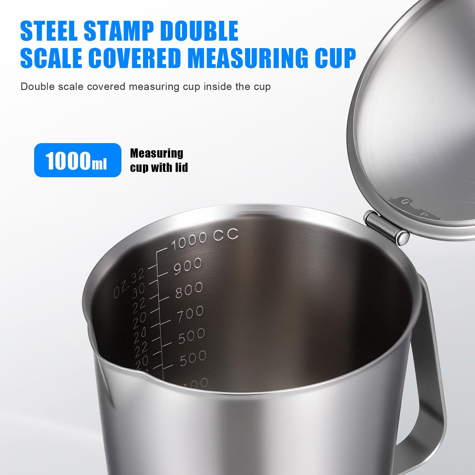 Taza Medidora que Evita Leche se Enfríe Rápido con Tapa Anti-caída 1000ml de Acero Inoxidable Jarra Graduada para Preparar Café con Leche y Barras